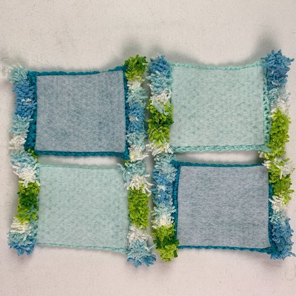 Mug Rugs Handmade Crochet Turquoise Blue Green White Cotton Fringe 4 Coasters - Picture 5 of 7